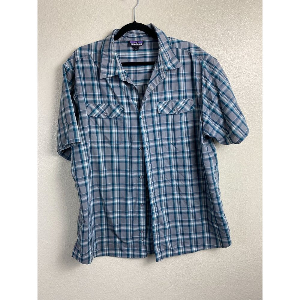 Patagonia Men Blue Gray Plaid Short Sleeve Button Up Shirt sz XXL Outdoor Hiking